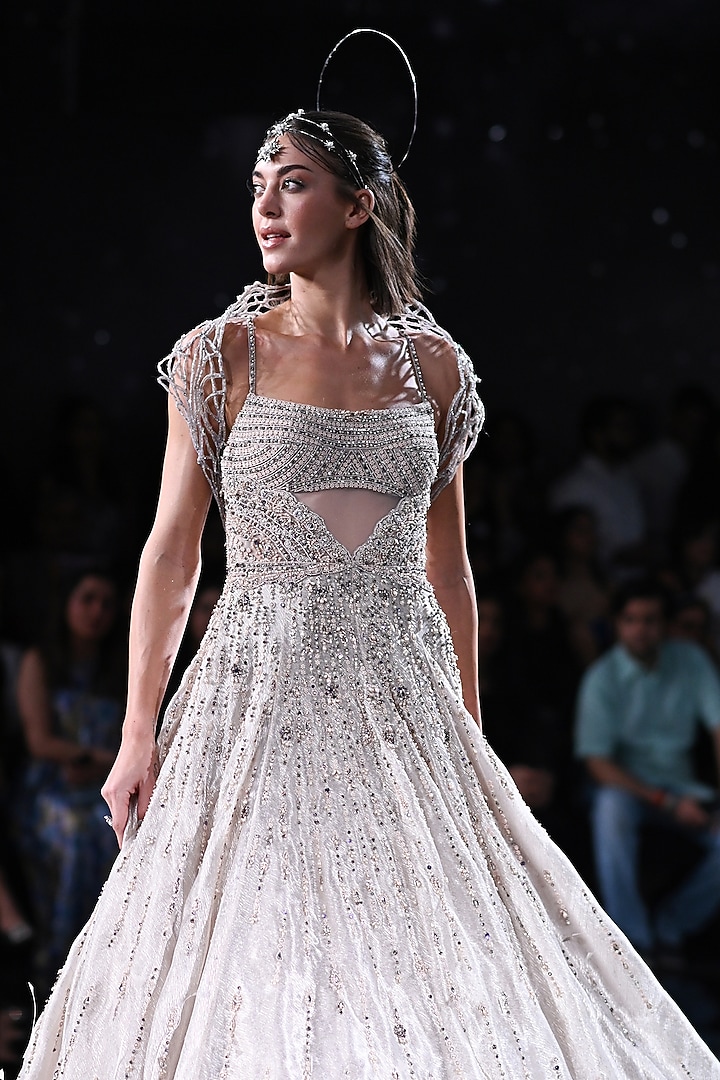 Ivory Tissue Embroidered Bridal Gown by Dolly J at Pernia's Pop Up Shop