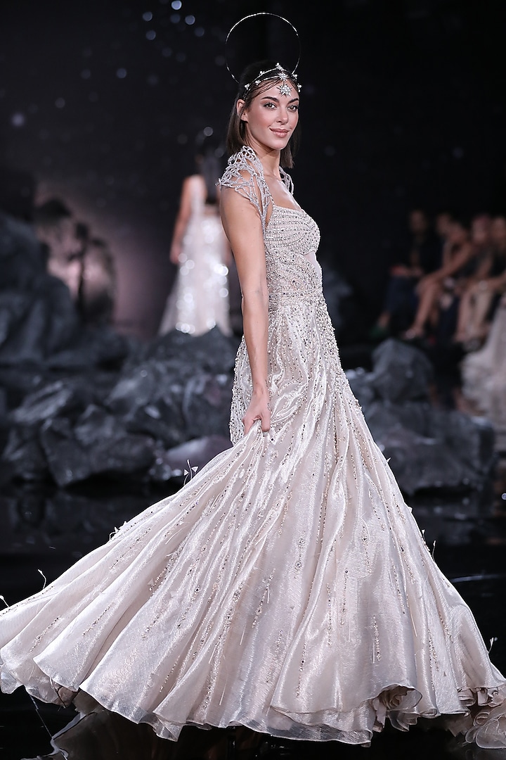Ivory Tissue Embroidered Bridal Gown by Dolly J at Pernia's Pop Up Shop