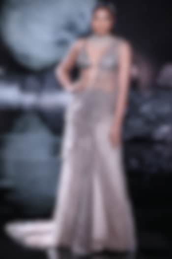 Gunmetal Shimmer Tulle Crystal Hand Embroidered Bridal Lehenga Saree Set by Dolly J at Pernia's Pop Up Shop