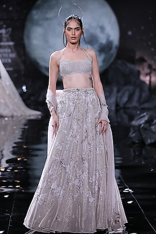 Dusty Grey Chiffon Embroidered Lehenga Set by Dolly J