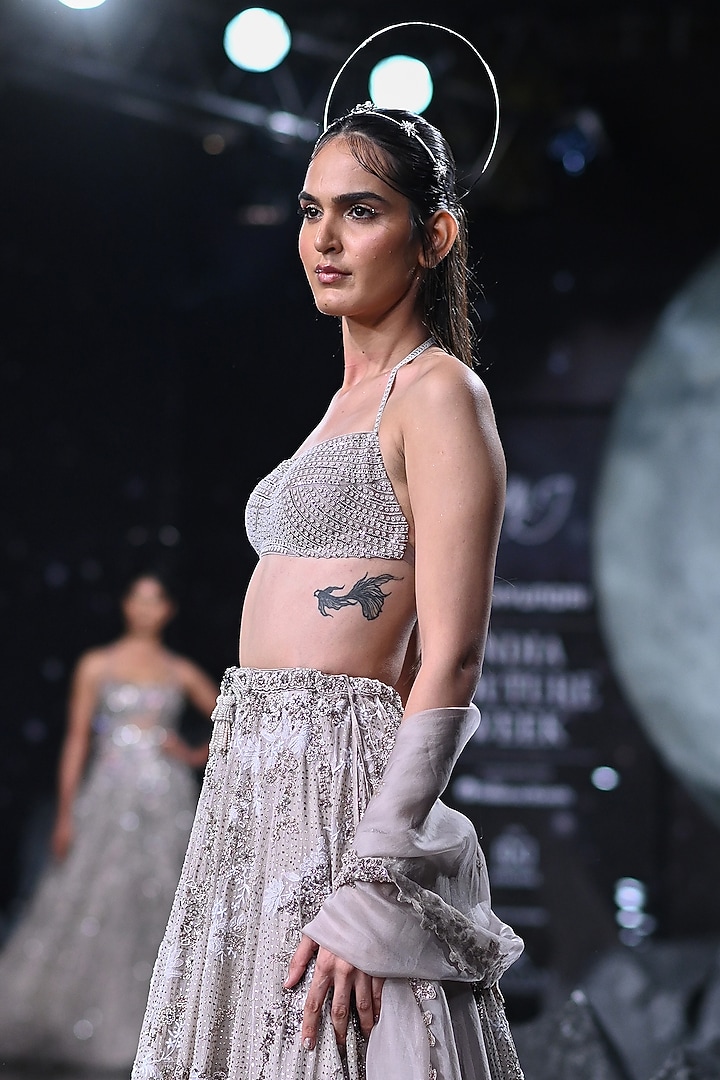 Dusty Grey Chiffon Embroidered Bridal Lehenga Set by Dolly J at Pernia's Pop Up Shop