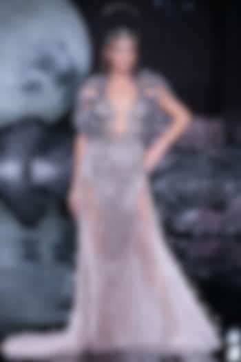 Pale Gunmetal Shimmer Tulle Embroidered Bridal Gown by Dolly J at Pernia's Pop Up Shop