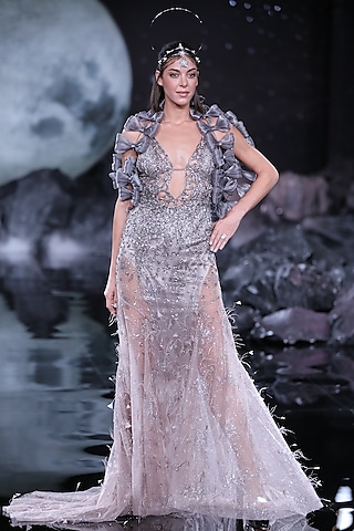 Pale Gunmetal Shimmer Tulle Embroidered Gown by Dolly J