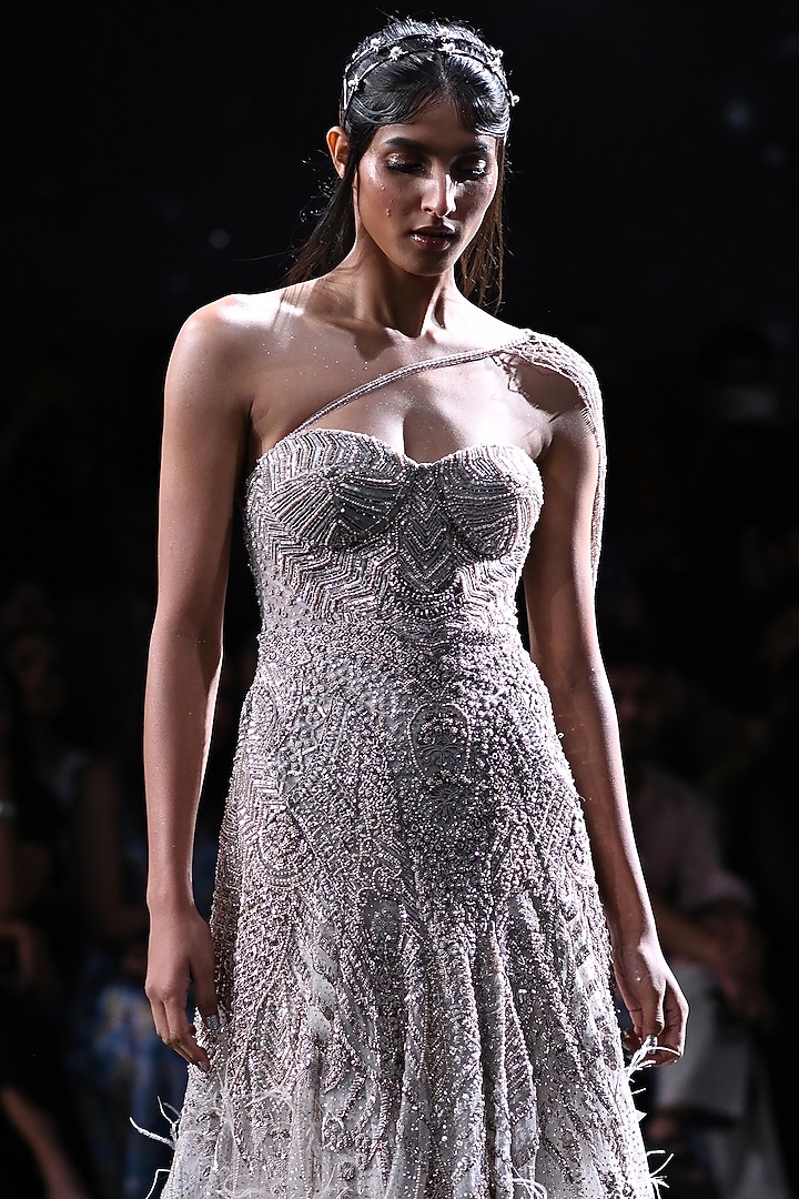 Dusty Ivory Shimmer Tulle Embroidered Bridal Gown by Dolly J at Pernia's Pop Up Shop
