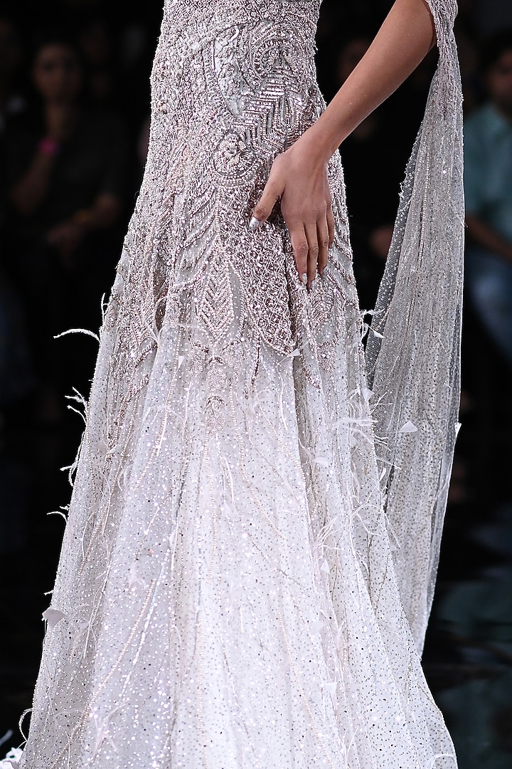 Dusty Ivory Shimmer Tulle Embroidered Bridal Gown by Dolly J at Pernia's Pop Up Shop