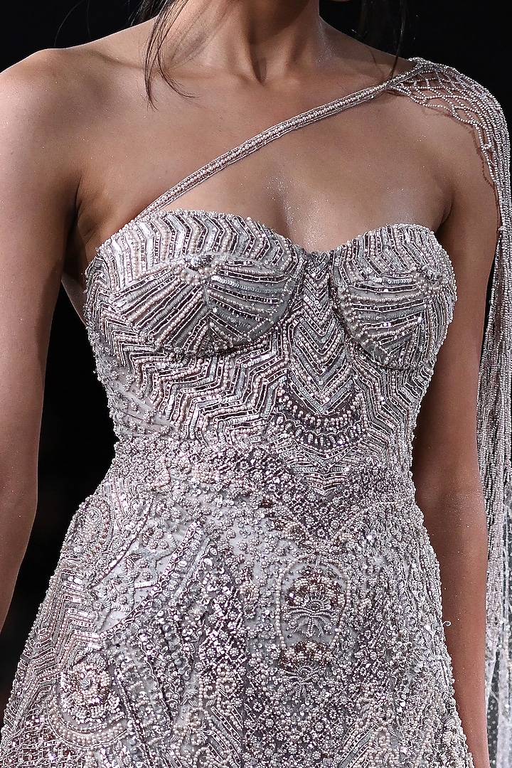 Dusty Ivory Shimmer Tulle Embroidered Bridal Gown by Dolly J at Pernia's Pop Up Shop