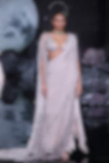 Dusty Ivory Grey Chiffon Embroidered Bridal Saree Set by Dolly J at Pernia's Pop Up Shop