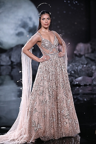Copper Shimmer Tulle Embroidered Gown by Dolly J