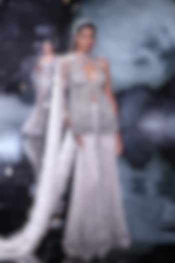 Pale Gunmetal Shimmer Tulle Embroidered Bridal Sharara Set by Dolly J at Pernia's Pop Up Shop