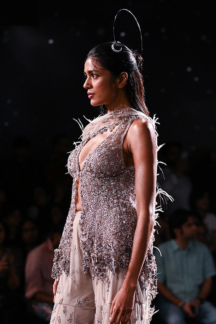 Pale Gunmetal Shimmer Tulle Embroidered Bridal Sharara Set by Dolly J at Pernia's Pop Up Shop