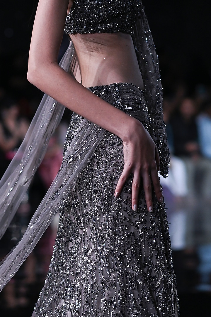 Gunmetal Shimmer Tulle Embroidered Bridal Gown Saree by Dolly J at Pernia's Pop Up Shop