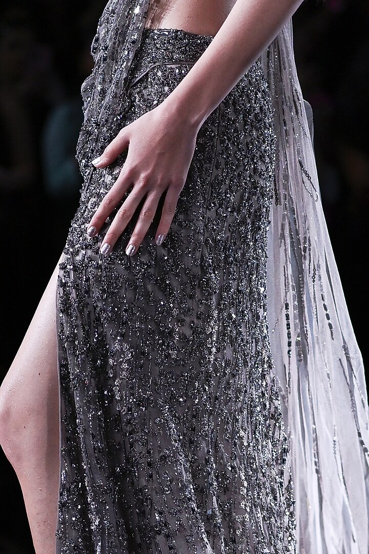 Gunmetal Shimmer Tulle Embroidered Bridal Gown Saree by Dolly J at Pernia's Pop Up Shop