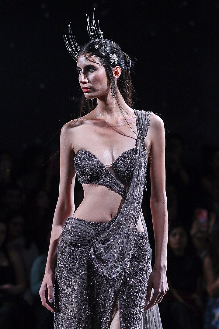 Gunmetal Shimmer Tulle Embroidered Bridal Gown Saree by Dolly J at Pernia's Pop Up Shop