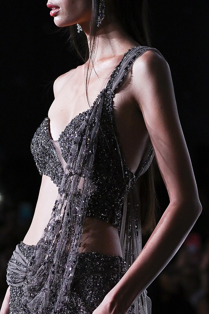 Gunmetal Shimmer Tulle Embroidered Bridal Gown Saree by Dolly J at Pernia's Pop Up Shop