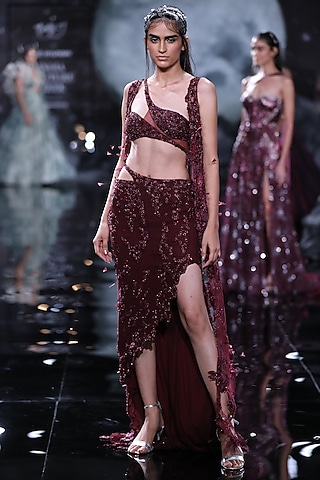 Maroon Chiffon Embroidered Skirt Set by Dolly J