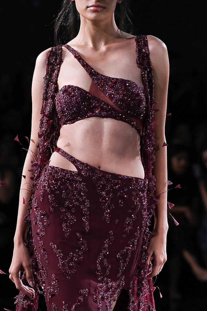 Maroon Chiffon Embroidered Skirt Set by Dolly J at Pernia's Pop Up Shop