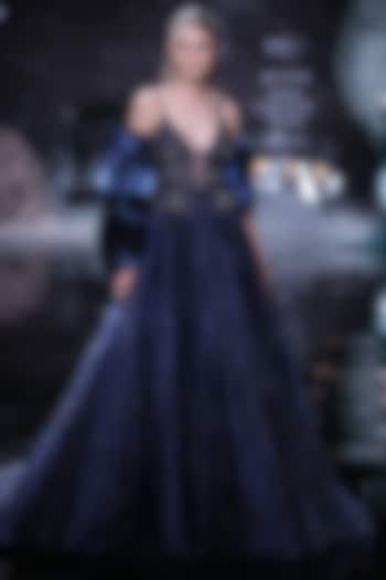 Navy Blue Organza Printed & Embroidered Wedding Gown by Dolly J at Pernia's Pop Up Shop