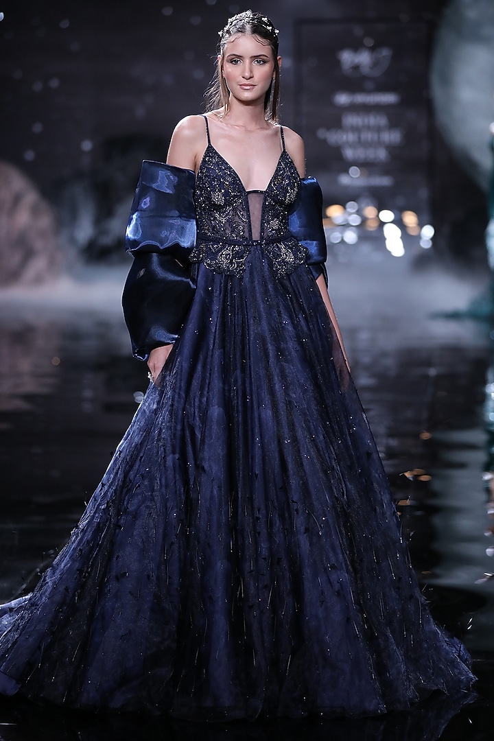 Navy Blue Organza Printed & Embroidered Wedding Gown by Dolly J at Pernia's Pop Up Shop