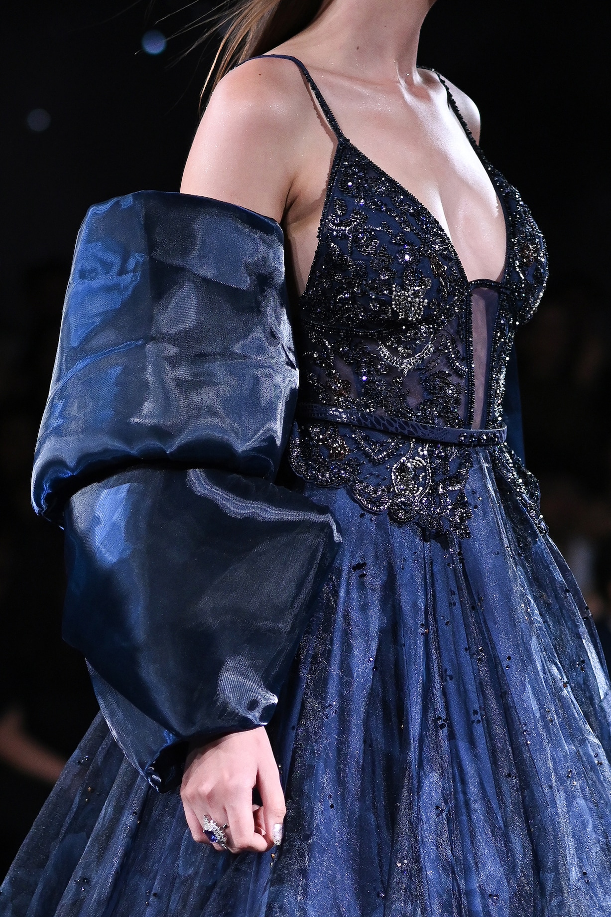 Navy Blue Organza Printed & Embroidered Gown by Dolly J at Pernia's Pop Up  Shop 2026