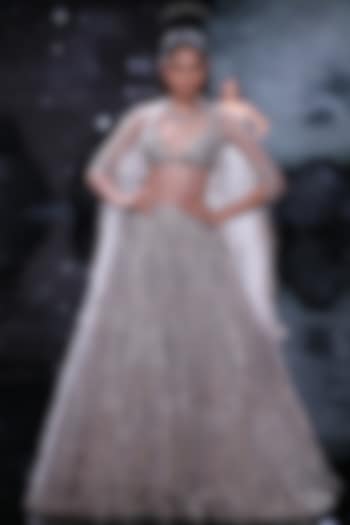 Dusty Ivory Shimmer Tulle Embroidered Bridal Lehenga Set by Dolly J at Pernia's Pop Up Shop