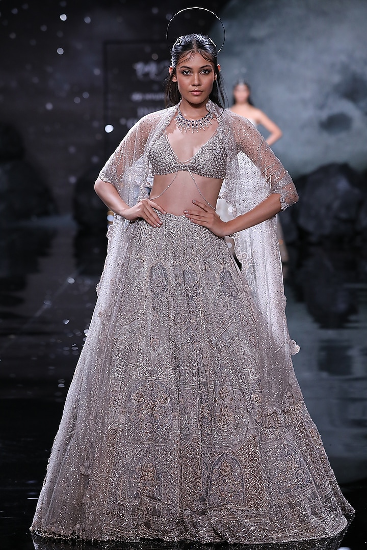 Dusty Ivory Shimmer Tulle Embroidered Bridal Lehenga Set by Dolly J at Pernia's Pop Up Shop