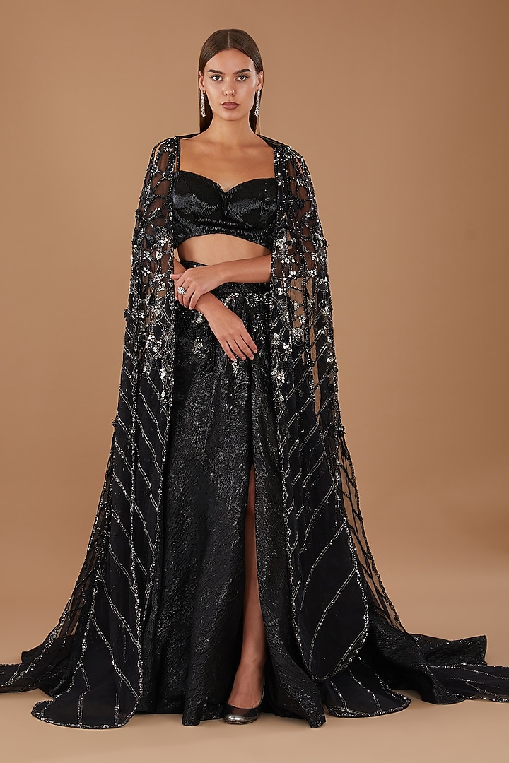 Black Lurex Crystal Embellished Bridal Lehenga Set by Dolly J at Pernia's Pop Up Shop