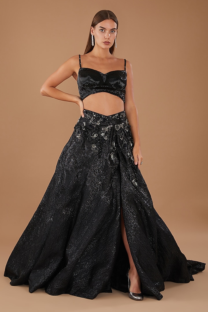 Black Lurex Crystal Embellished Bridal Lehenga Set by Dolly J at Pernia's Pop Up Shop