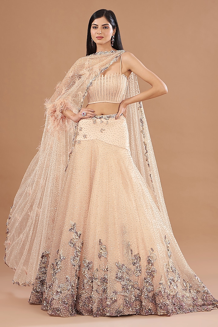 Peach Tulle Crystal Embroidered Lehenga Set by Dolly J