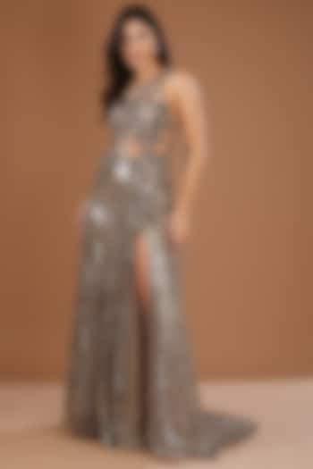 Pale Gunmetal Shimmer Tulle Hand Embroidered Merrmaid Skirt Set by Dolly J at Pernia's Pop Up Shop