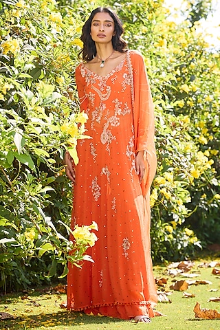 Orange Chiffon Zardosi Embroidered Kamdani Kurta Set by Dolly J