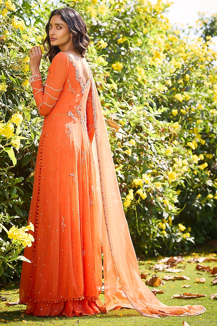 Orange Chiffon Zardosi Embroidered Kamdani Kurta Set by Dolly J at Pernia's Pop Up Shop