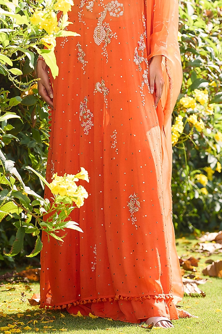 Orange Chiffon Zardosi Embroidered Kamdani Kurta Set by Dolly J at Pernia's Pop Up Shop