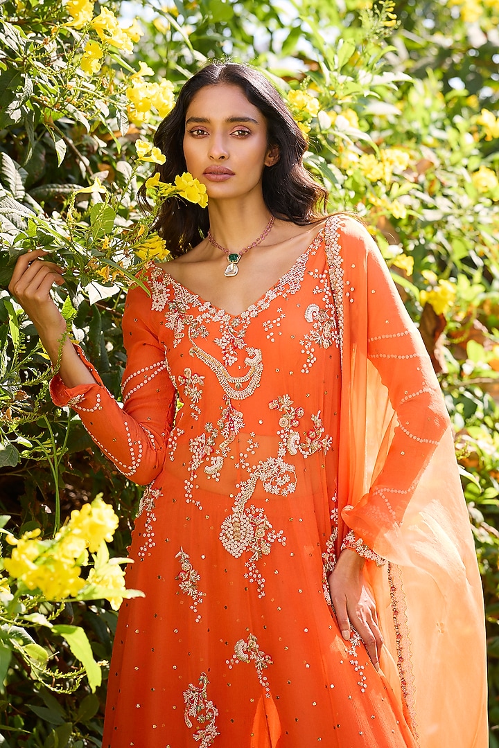Orange Chiffon Zardosi Embroidered Kamdani Kurta Set by Dolly J at Pernia's Pop Up Shop