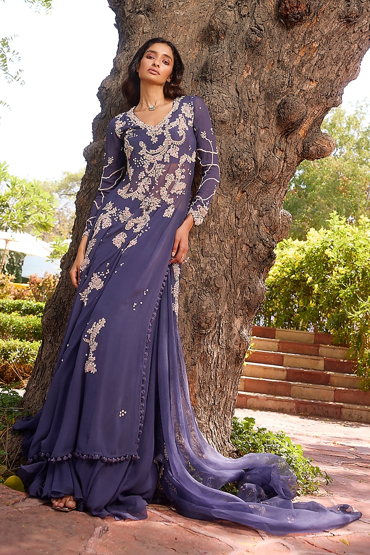 Purple Chiffon Pearl & Thread Embroidered Kalidar Kurta Set by Dolly J at Pernia's Pop Up Shop