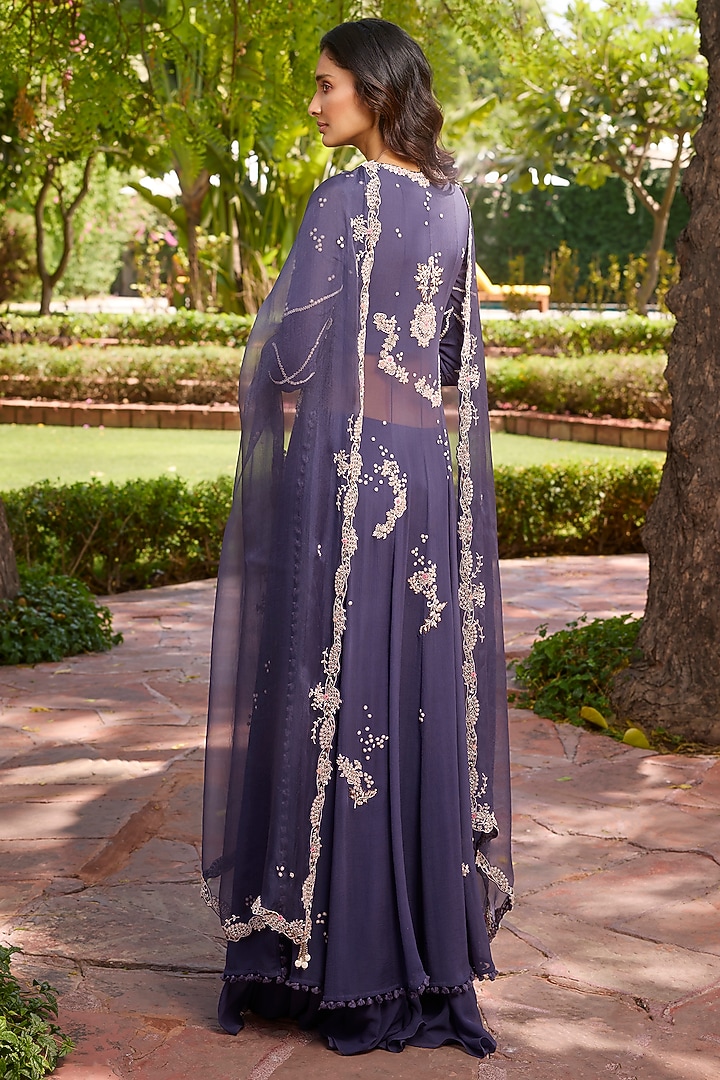 Purple Chiffon Pearl & Thread Embroidered Kalidar Kurta Set by Dolly J at Pernia's Pop Up Shop