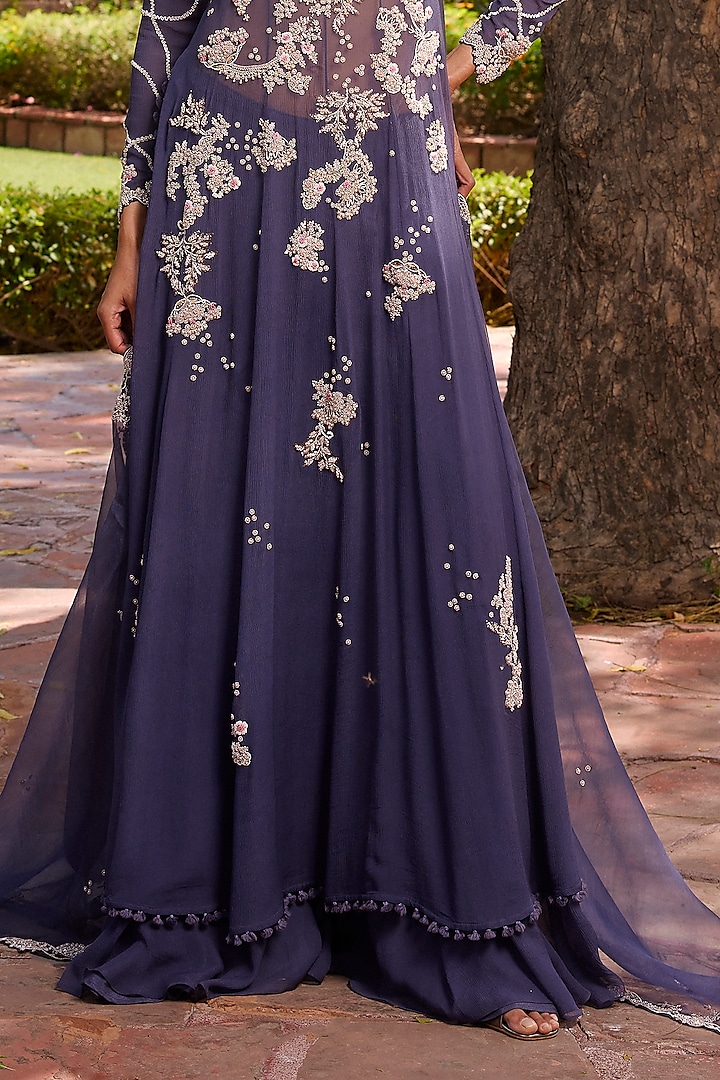 Purple Chiffon Pearl & Thread Embroidered Kalidar Kurta Set by Dolly J at Pernia's Pop Up Shop