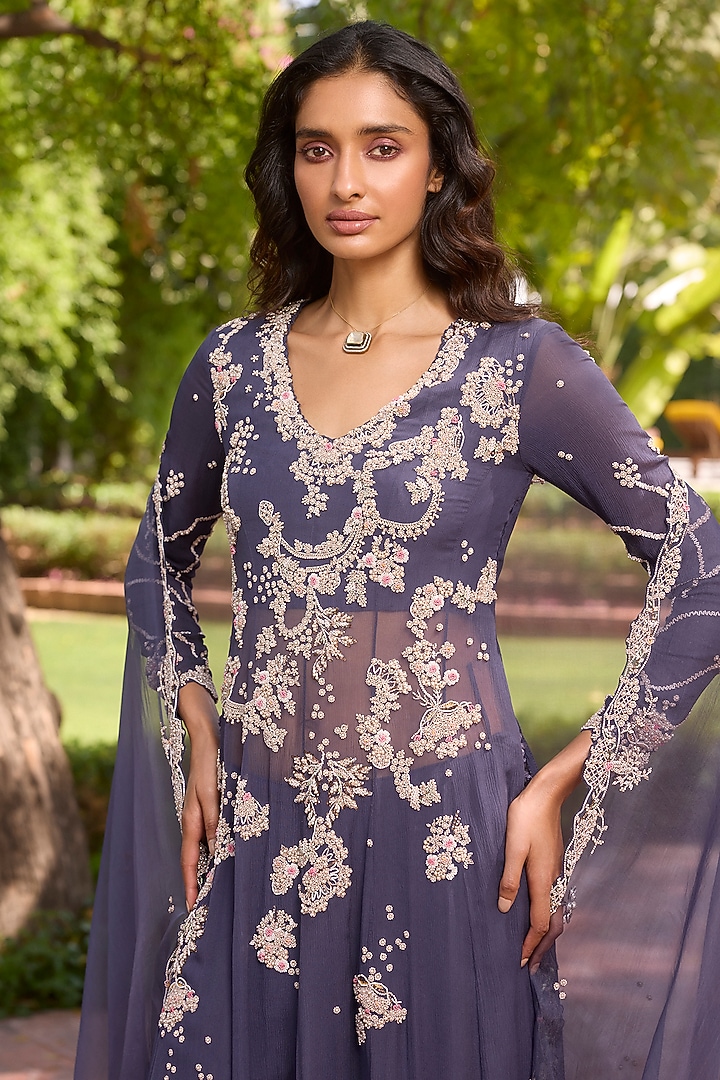 Purple Chiffon Pearl & Thread Embroidered Kalidar Kurta Set by Dolly J at Pernia's Pop Up Shop