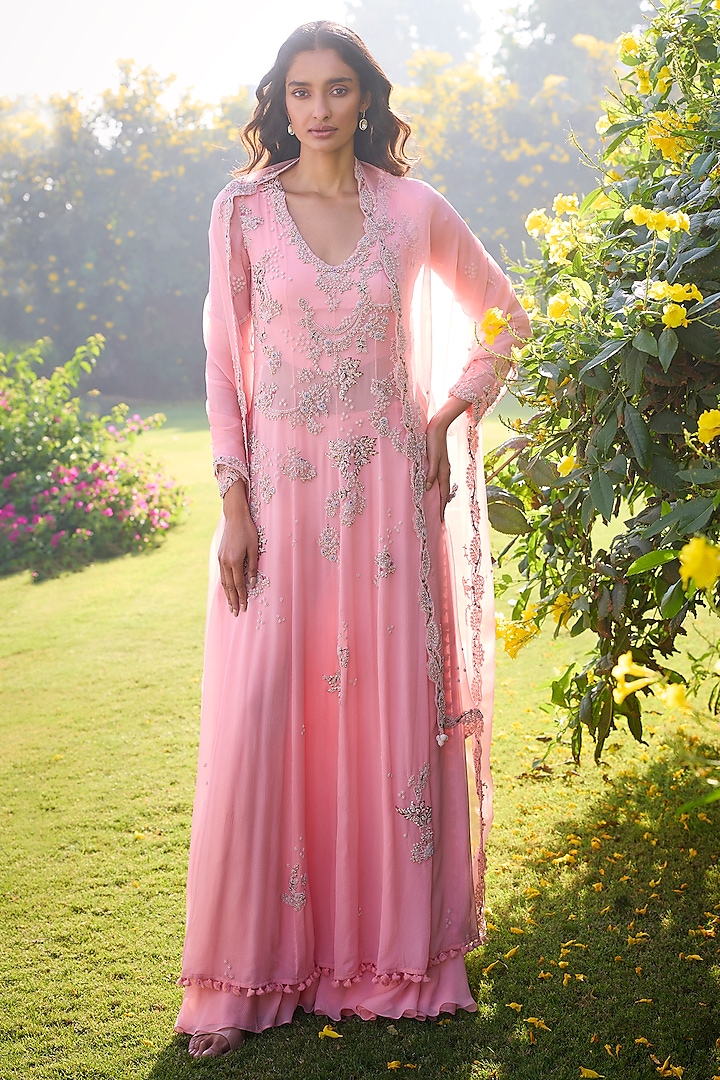 Rose Pink Chiffon Pearl & Thread Embroidered Kalidar Kurta Set by Dolly J at Pernia's Pop Up Shop