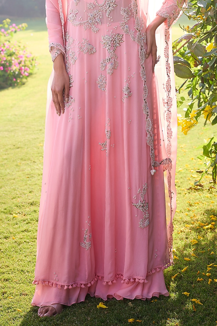 Rose Pink Chiffon Pearl & Thread Embroidered Kalidar Kurta Set by Dolly J at Pernia's Pop Up Shop