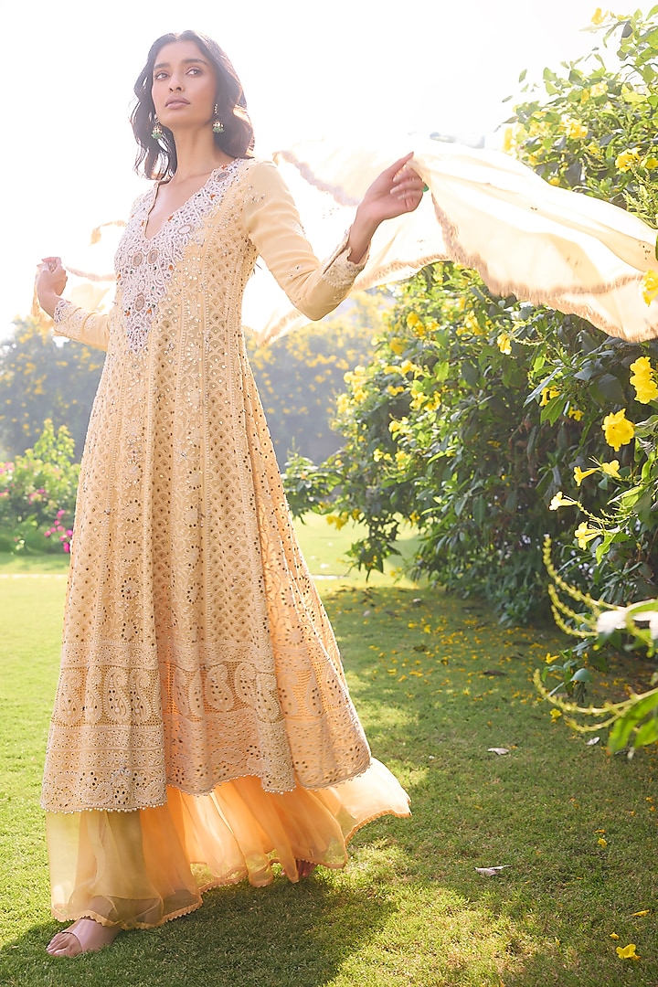 Light Yellow Georgette Zardosi Embroidered Chikankari Kalidar Kurta Set by Dolly J at Pernia's Pop Up Shop