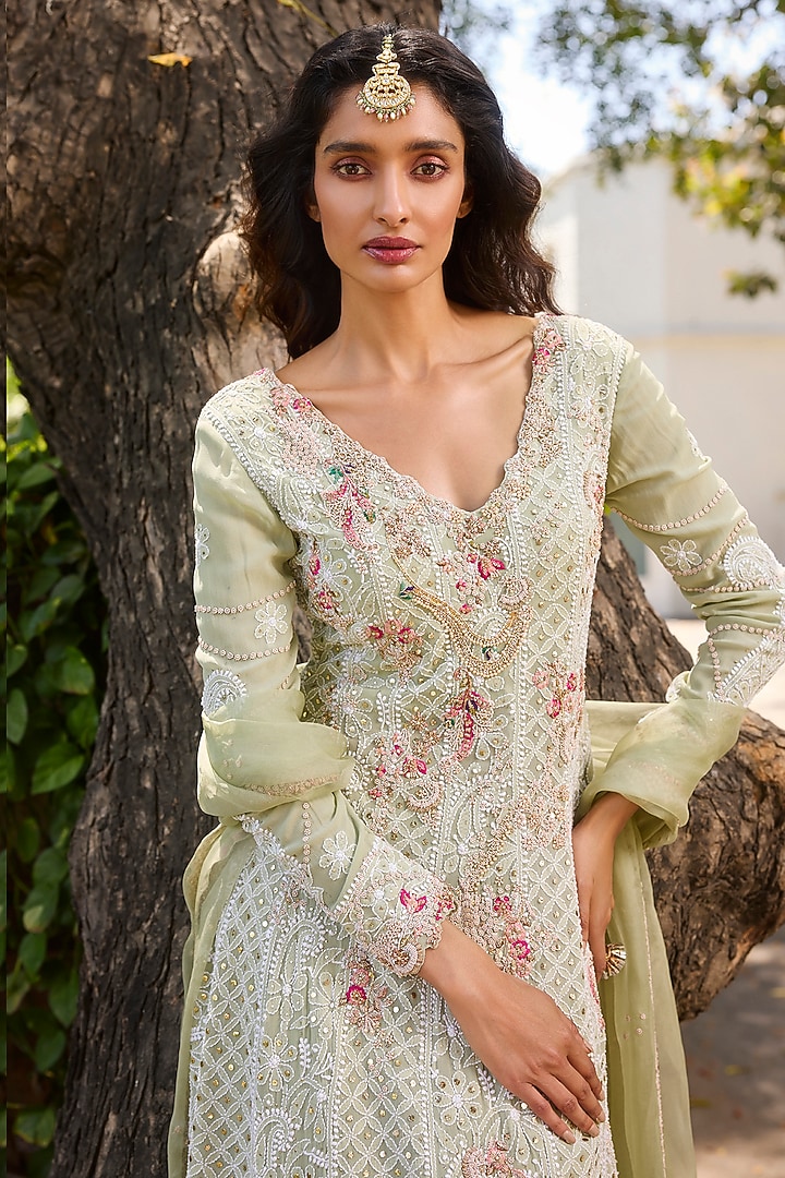 Mint Green Georgette Chikankari Kurta Set by Dolly J at Pernia's Pop Up Shop