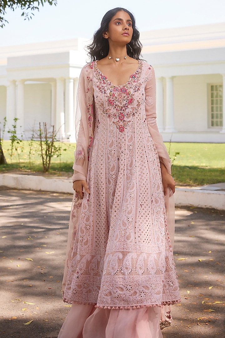 Rose Pink Georgette Thread Embroidered Chikankari Kurta Set by Dolly J