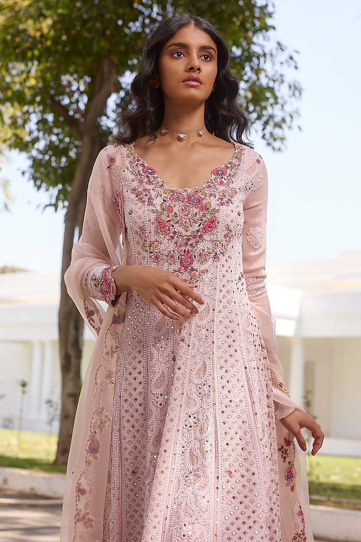 Rose Pink Georgette Thread Embroidered Chikankari Kurta Set by Dolly J at Pernia's Pop Up Shop