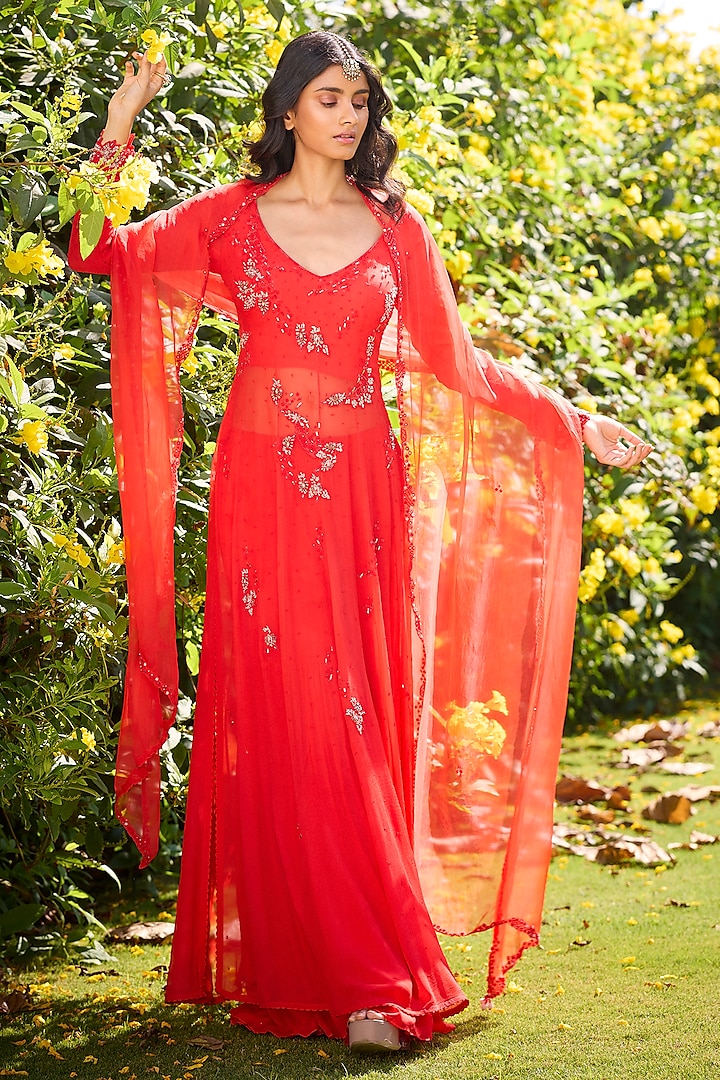 Orange Chiffon Zardosi Embroidered Kurta Set by Dolly J at Pernia's Pop Up Shop