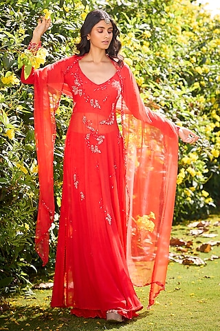 Orange Chiffon Zardosi Embroidered Kurta Set by Dolly J