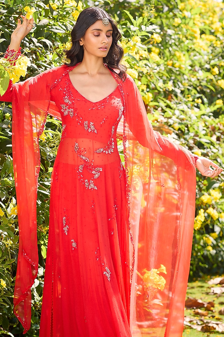 Orange Chiffon Zardosi Embroidered Kurta Set by Dolly J at Pernia's Pop Up Shop