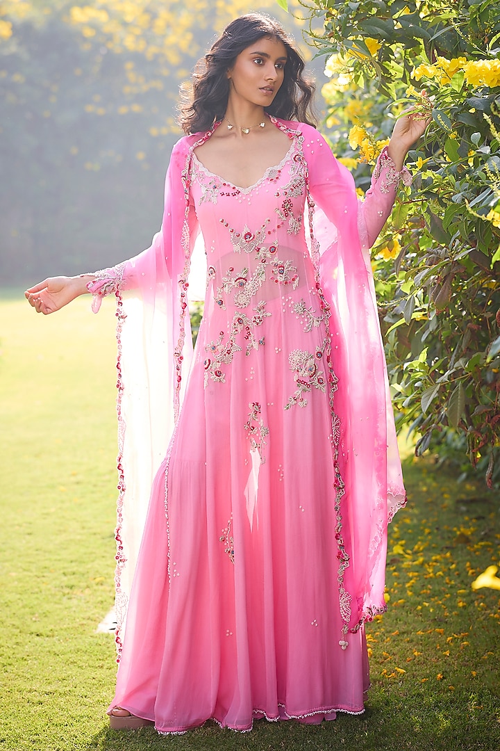 Rose Pink Chiffon Parsi & Pearl Embroidered Kurta Set by Dolly J at Pernia's Pop Up Shop