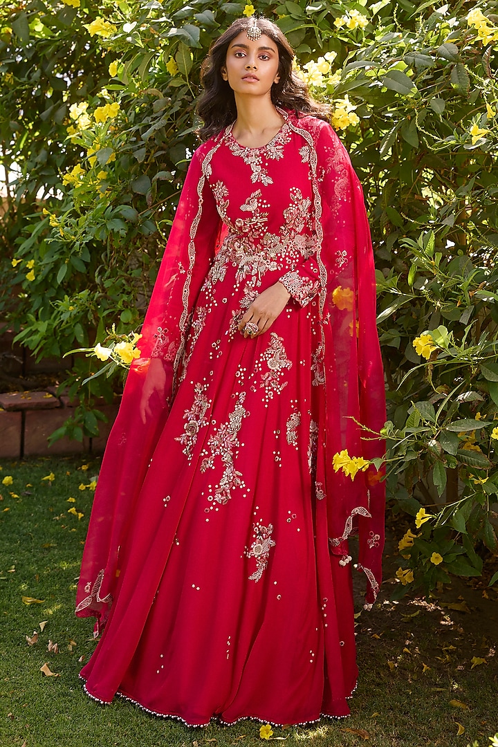 Carmine Red Chiffon Pearl & Thread Embroidered Anarkali Set by Dolly J at Pernia's Pop Up Shop