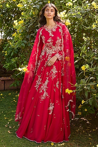 Carmine Red Chiffon Pearl & Thread Embroidered Anarkali Set by Dolly J