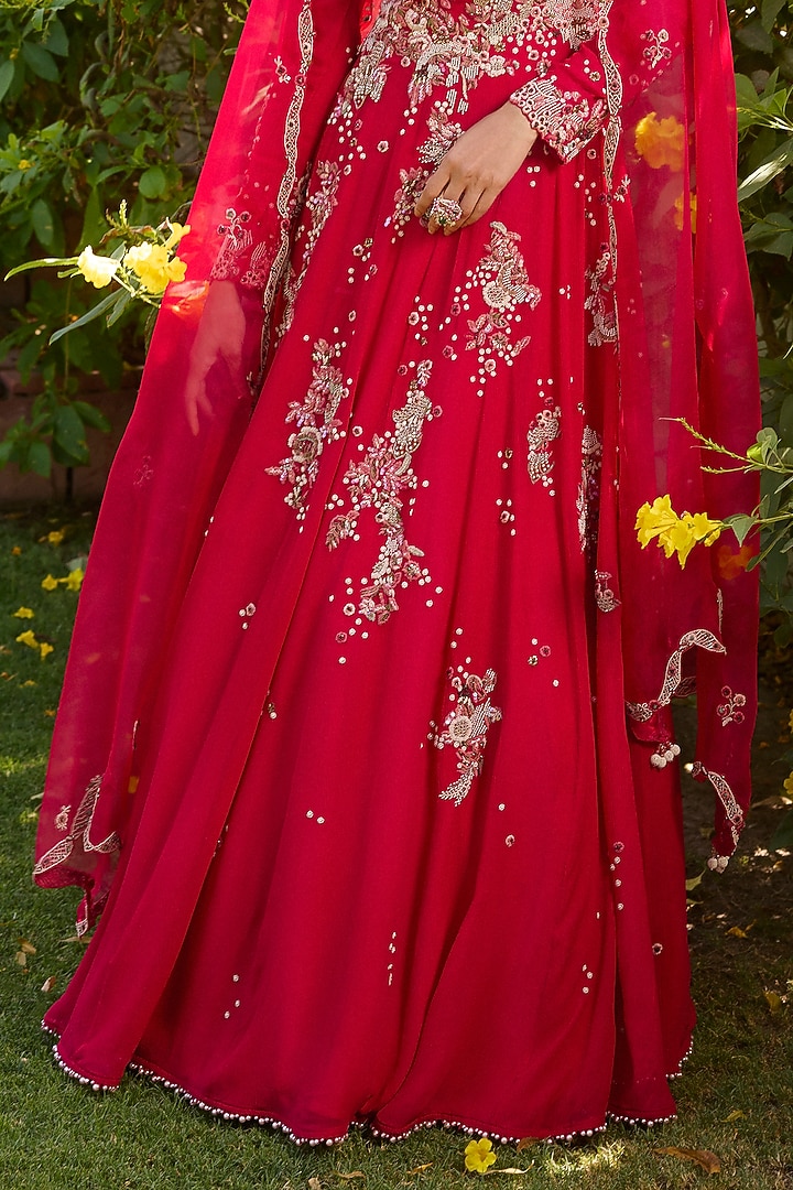 Carmine Red Chiffon Pearl & Thread Embroidered Bridal Anarkali Set by Dolly J at Pernia's Pop Up Shop